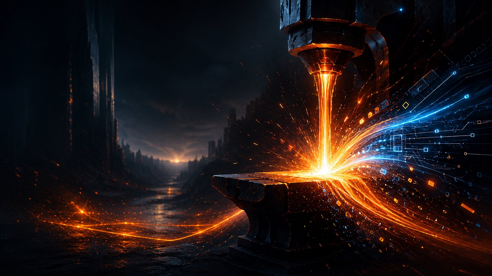 A molten current poured onto an anvil, breaking into streams of blue digital data