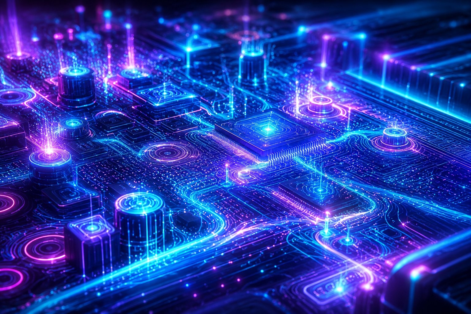 A glowing circuit board with blue and violet data pathways